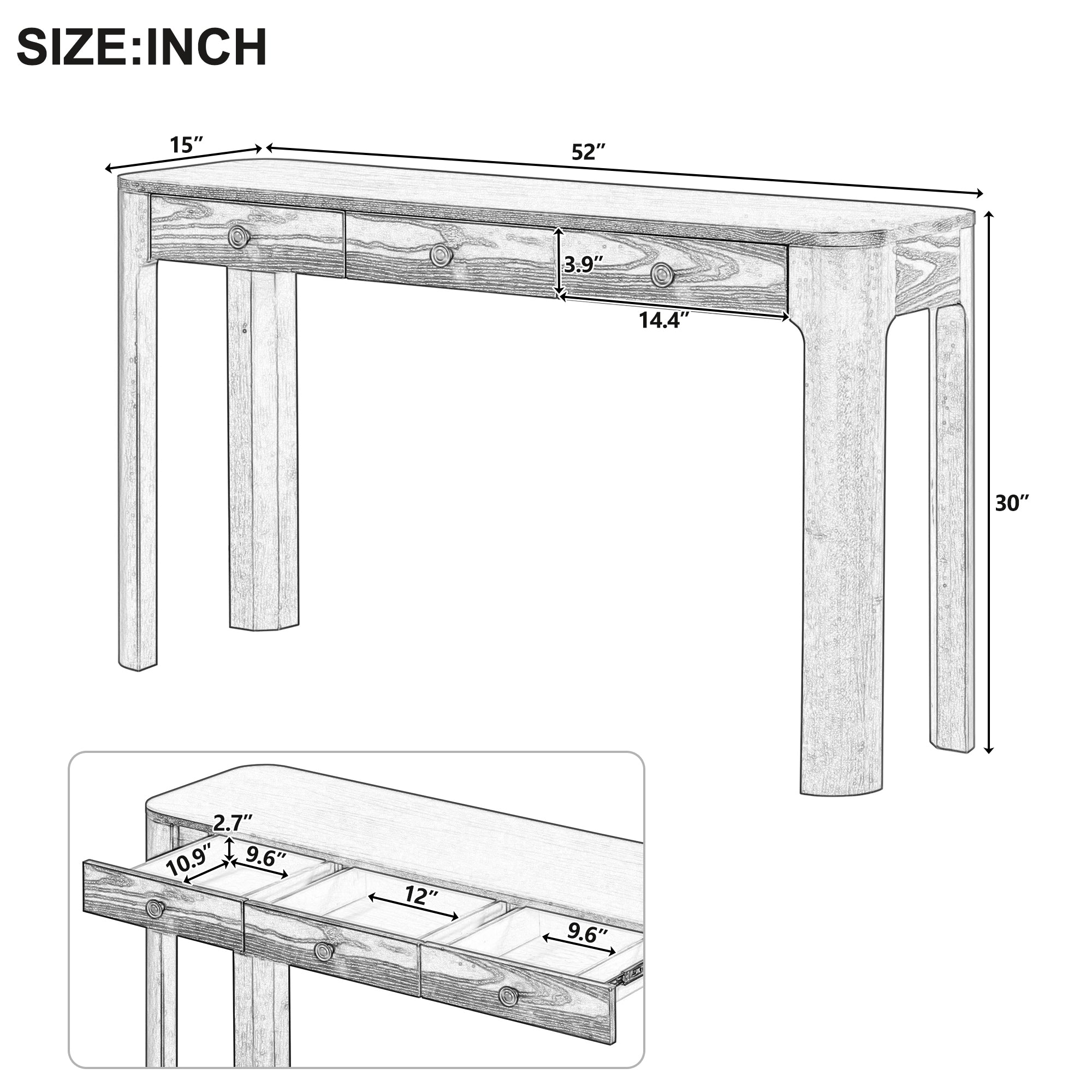 Dimensional diagram of TREXM black console table with measurements for height, width, and drawer sizes, ideal for space planning.