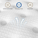 Breathable and fiberglass-free surface of King Gel Memory Foam Hybrid Mattress with airflow arrows indicating cooling technology.