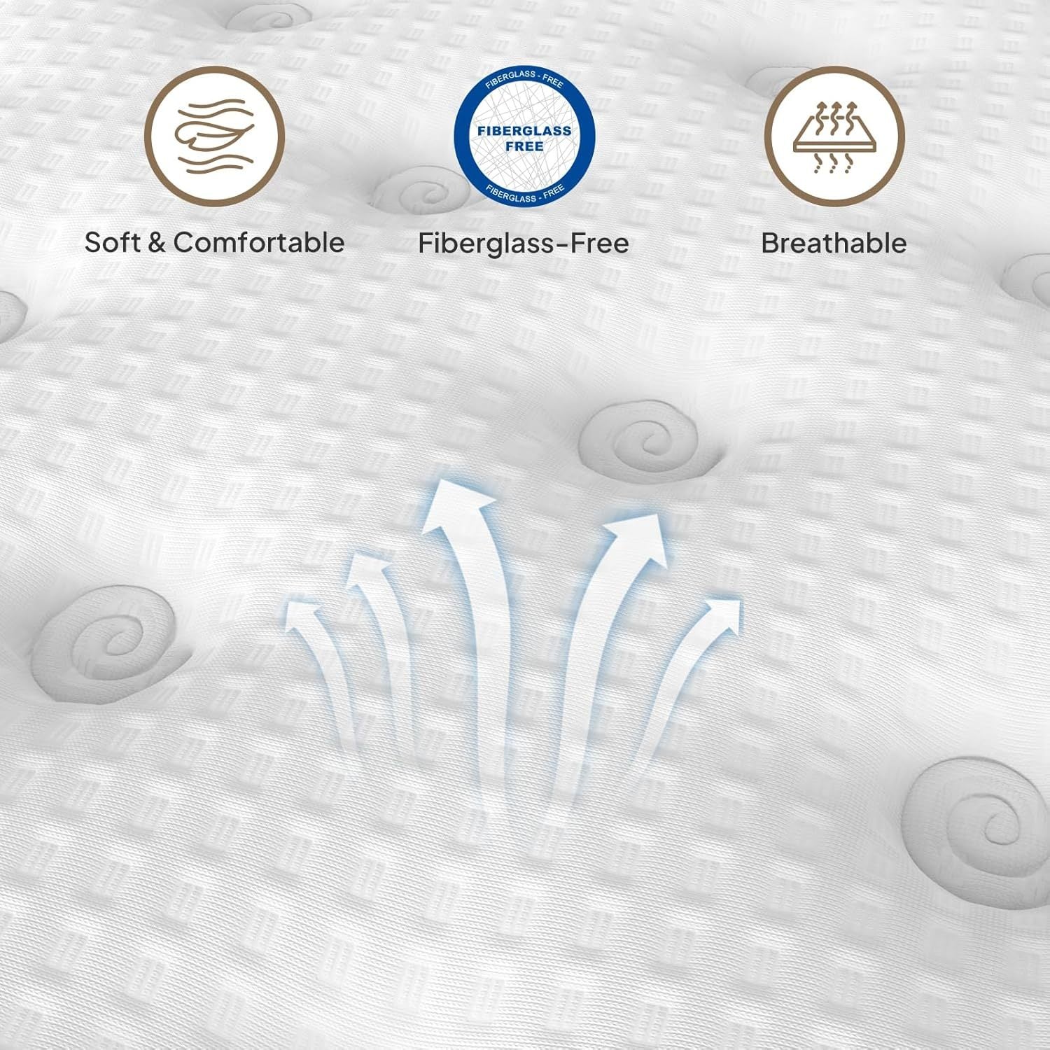 Breathable and fiberglass-free surface of King Gel Memory Foam Hybrid Mattress with airflow arrows indicating cooling technology.