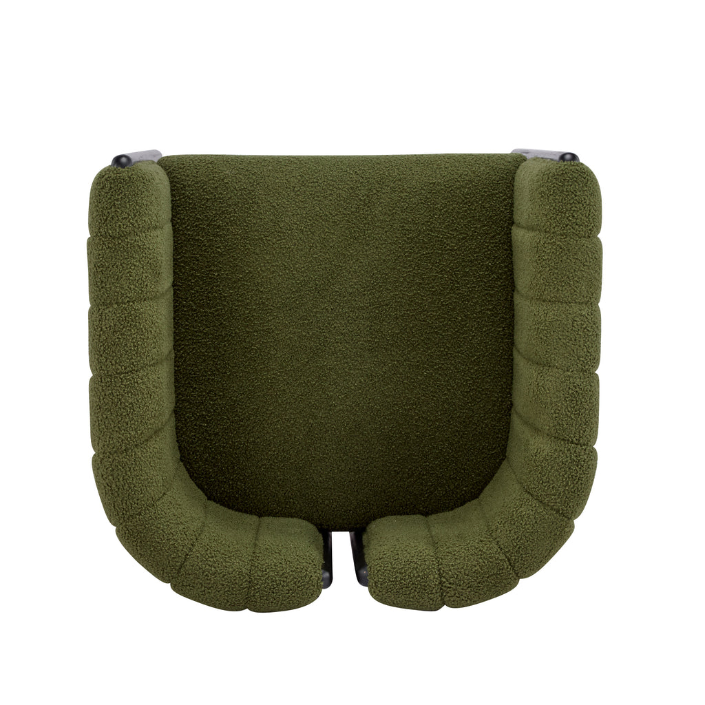 Top-down view of a modern dining chair with olive green fabric and curved backrest, designed for ergonomic seating comfort.