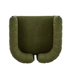 Top-down view of a modern dining chair with olive green fabric and curved backrest, designed for ergonomic seating comfort.