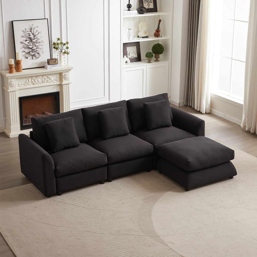 Modular sofa with ottoman in L-shaped layout, featuring 3 seat cushions and pillows, ideal for modern living rooms or apartments.
