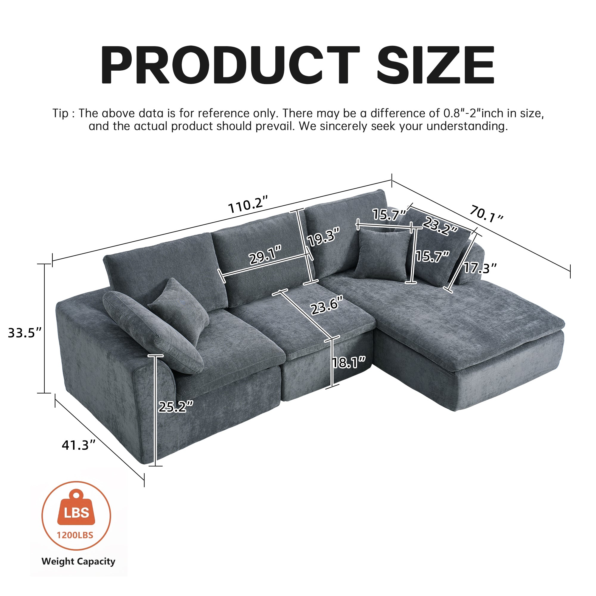 Dimensions chart for L-Shaped Sectional Sofa - Modern Reversible Chaise Couch with detailed measurements and 1200 lbs weight capacity.