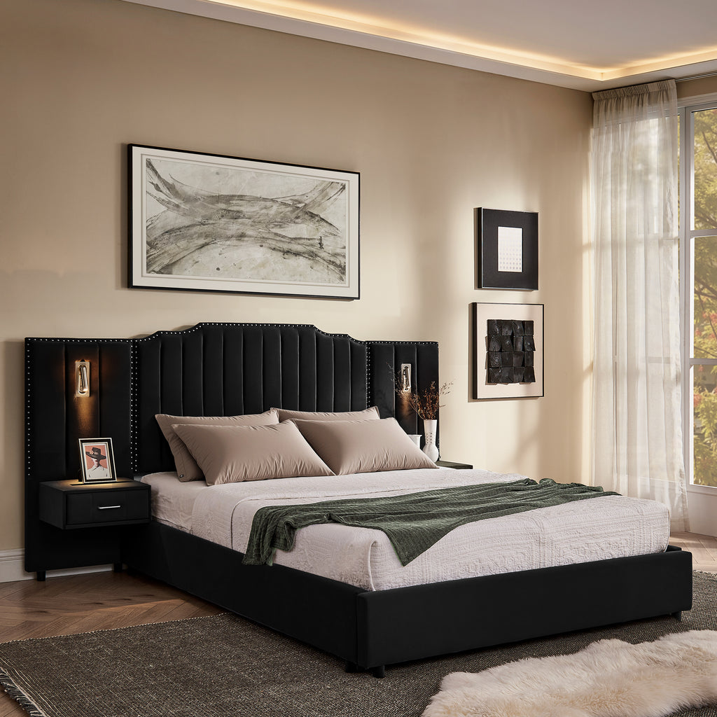 Queen upholstered bed frame in black velvet with vertical stripe headboard and built-in bedside tables, perfect for modern bedrooms.