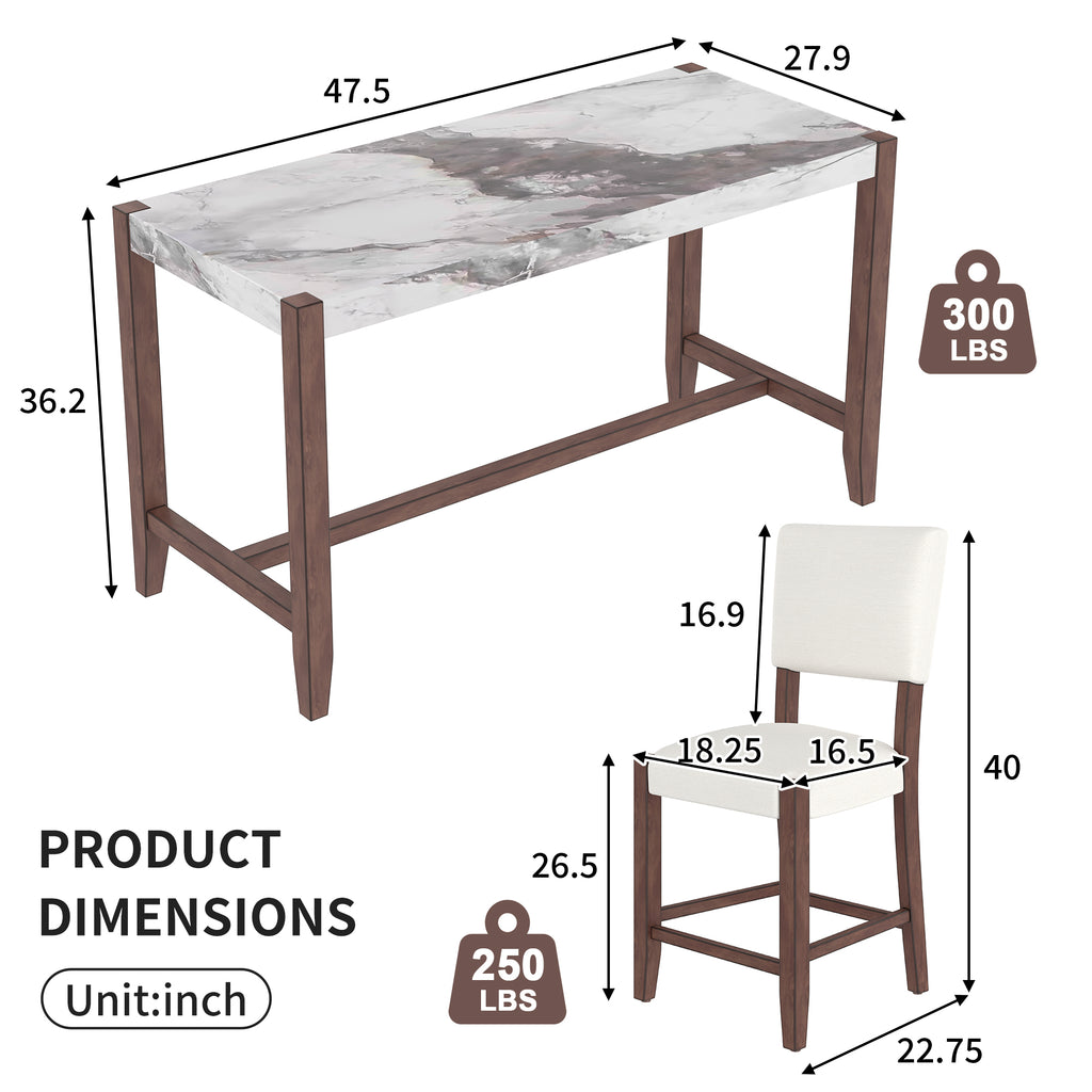 3-Piece Counter Height Dining Table Set for 2, Faux Marble Bar Table and 2 Upholstered-Seat Chairs, Mid-century Modern Dining Set for Dining Room, Pub Kitchen, Small Place