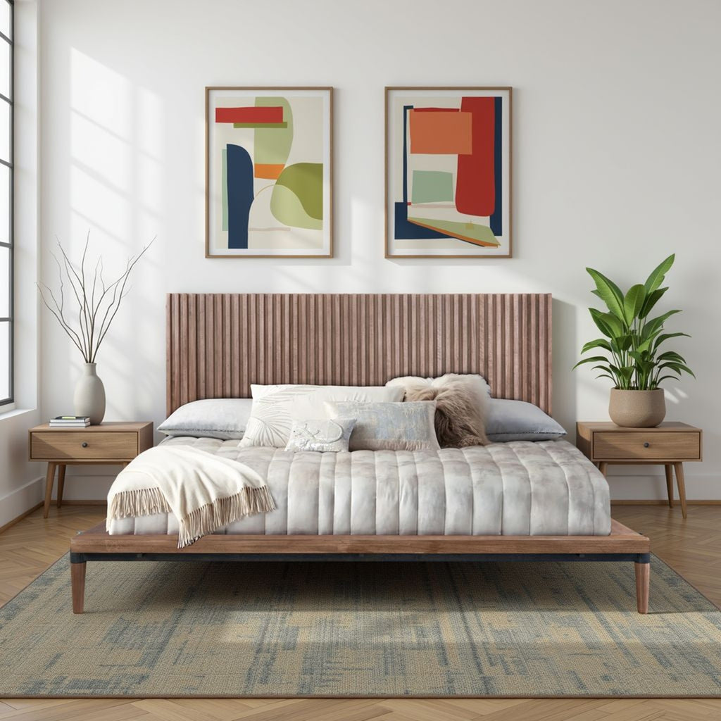 Walnut Finish Queen Size Platform Bed with vertical slat headboard, styled in a bright room with modern art and indoor plants.