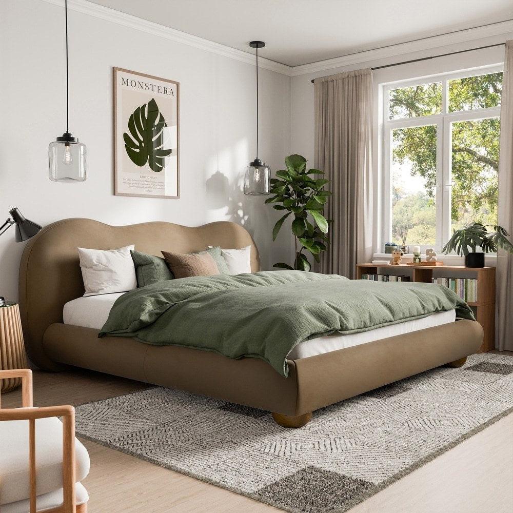 Eastern King Size Bed Boucle Upholstered in Brown.