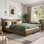 Eastern King Size Bed Boucle Upholstered in Brown.