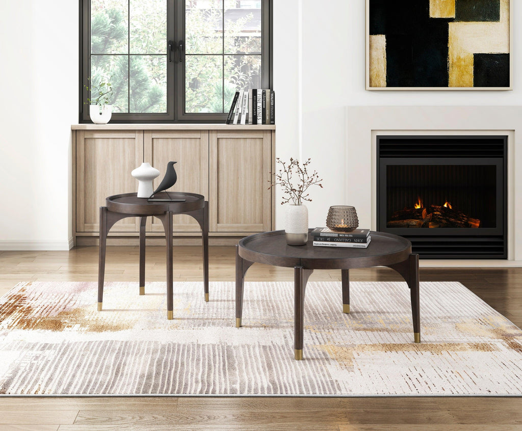 Dark Brown Cocktail Table with Gold Tip Legs.