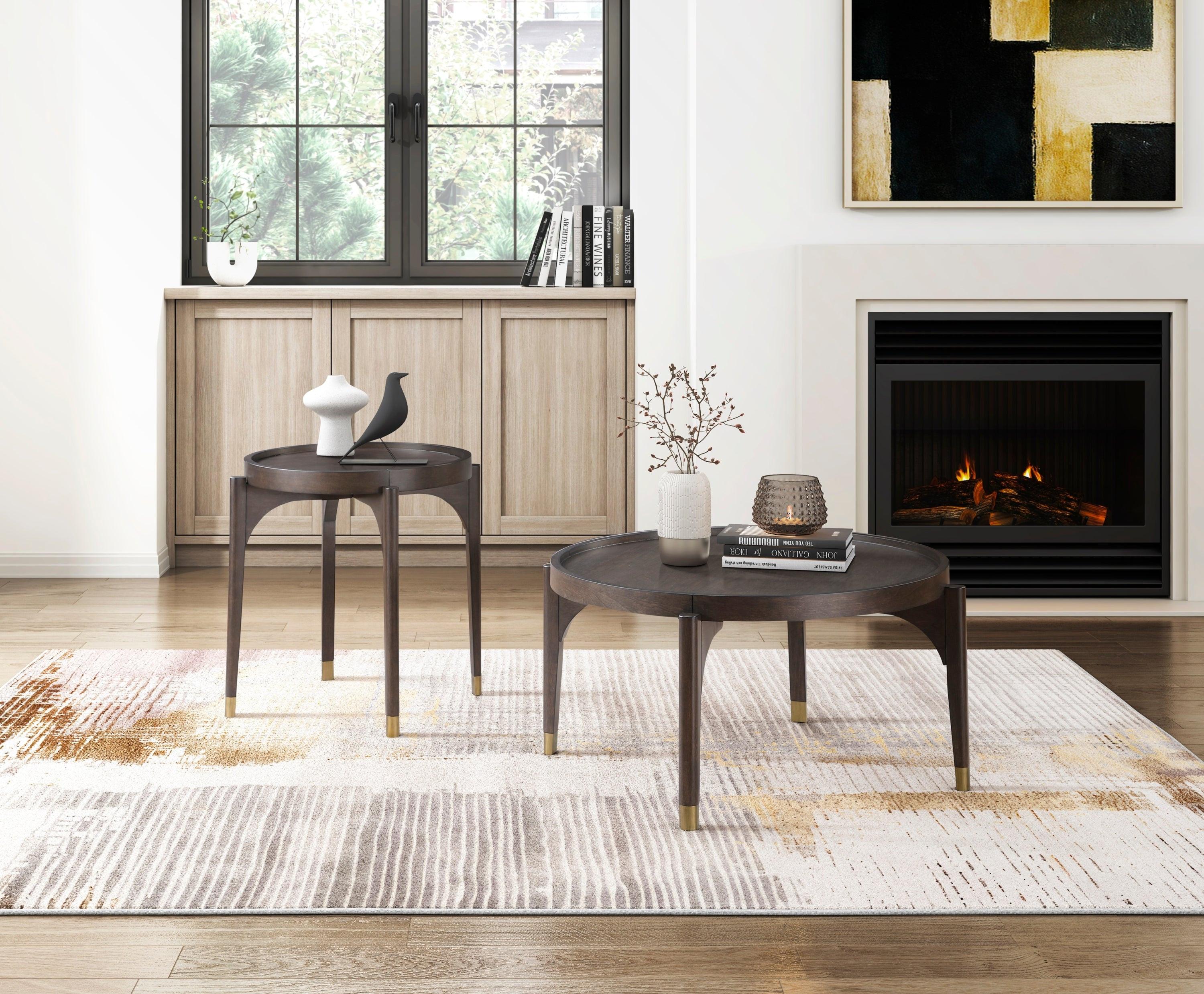 Dark Brown Cocktail Table with Gold Tip Legs.