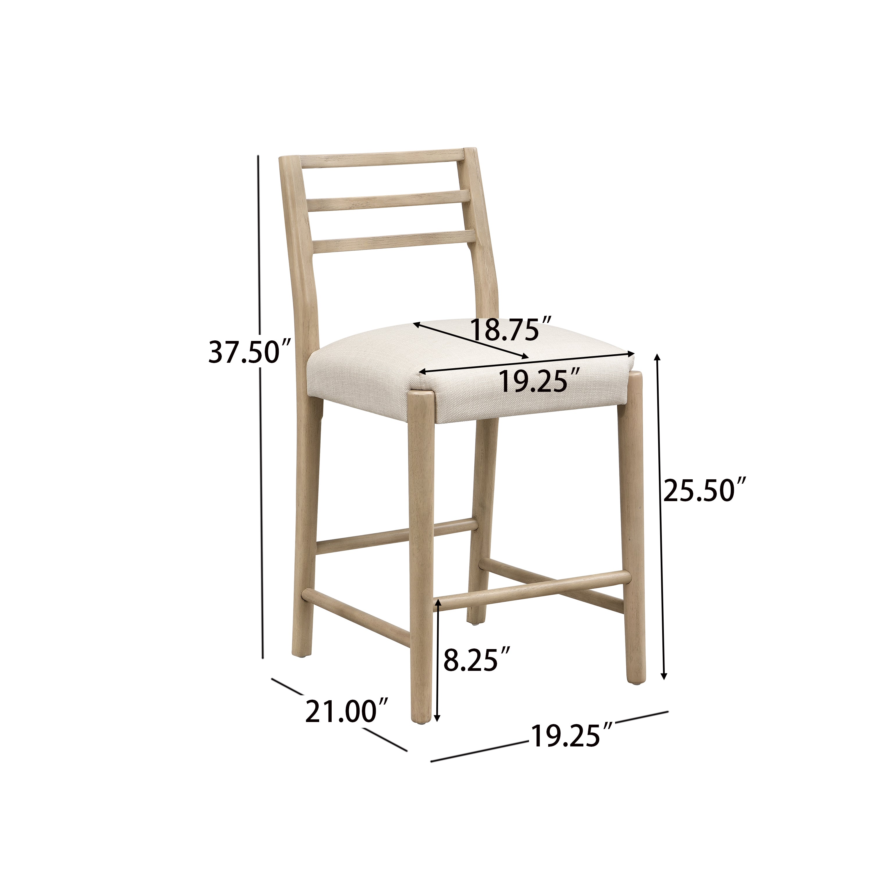 Dimension diagram of ladder back counter stool showing height, width, and depth. Ideal for precise space planning in dining areas.