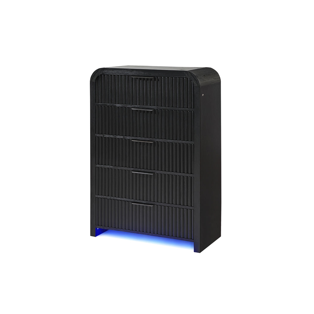 Beverly White and Black Chest with Fluted Finish, LED Lighting, Spacious Drawers, Edge Pulls, Rubber Wood, 38 x 18 x 54 inches