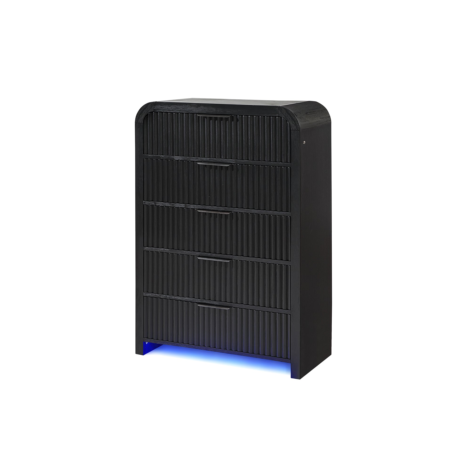 Beverly White and Black Chest with Fluted Finish, LED Lighting, Spacious Drawers, Edge Pulls, Rubber Wood, 38 x 18 x 54 inches