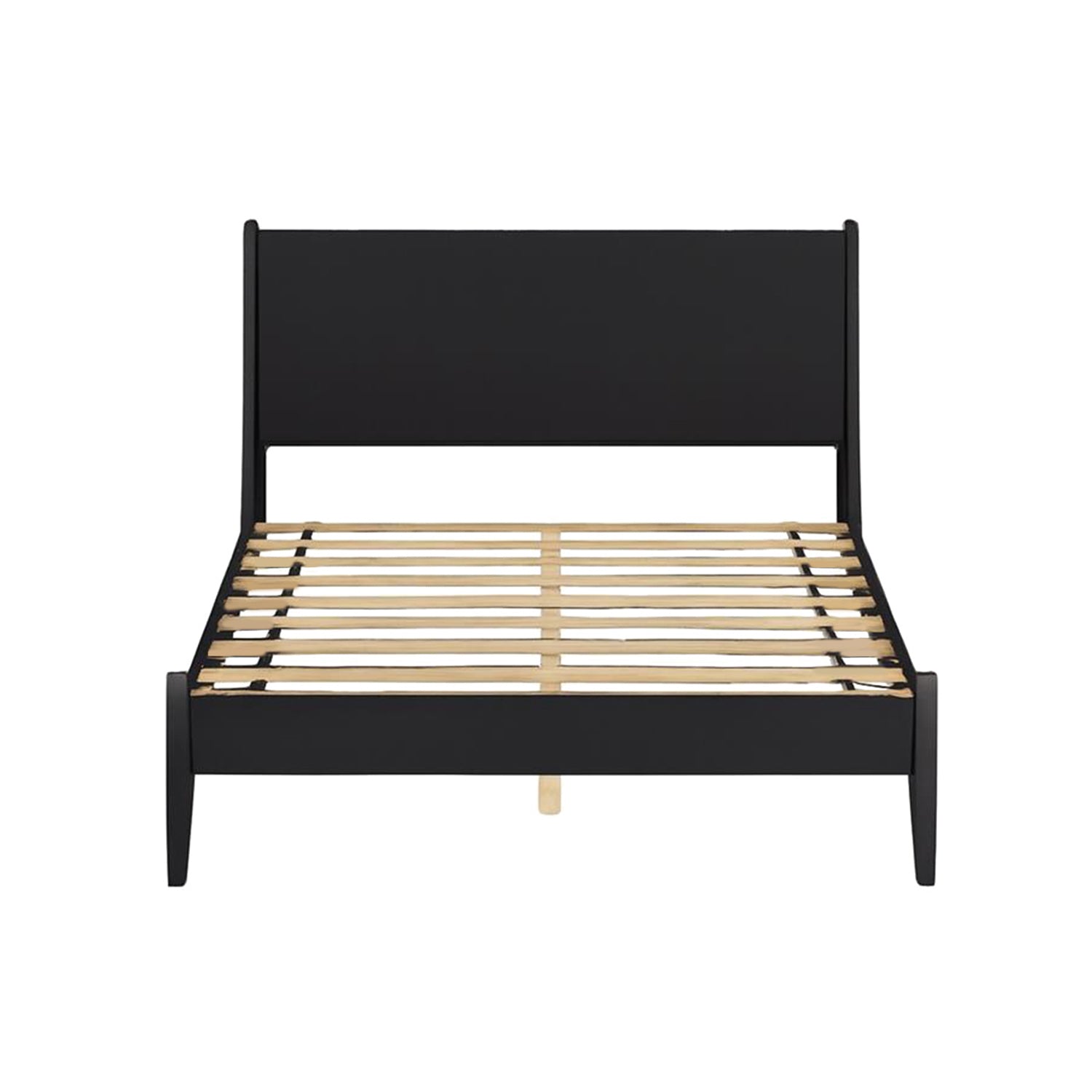 Front view of black Mid-Century Modern Queen Platform Bed frame with wooden slats, showcasing sturdy construction and sleek design.