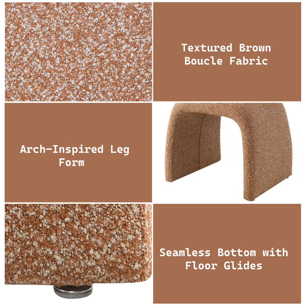Close-up of brown boucle fabric, arch-inspired legs, and floor glides on modern fabric chair set. Stylish and durable design.
