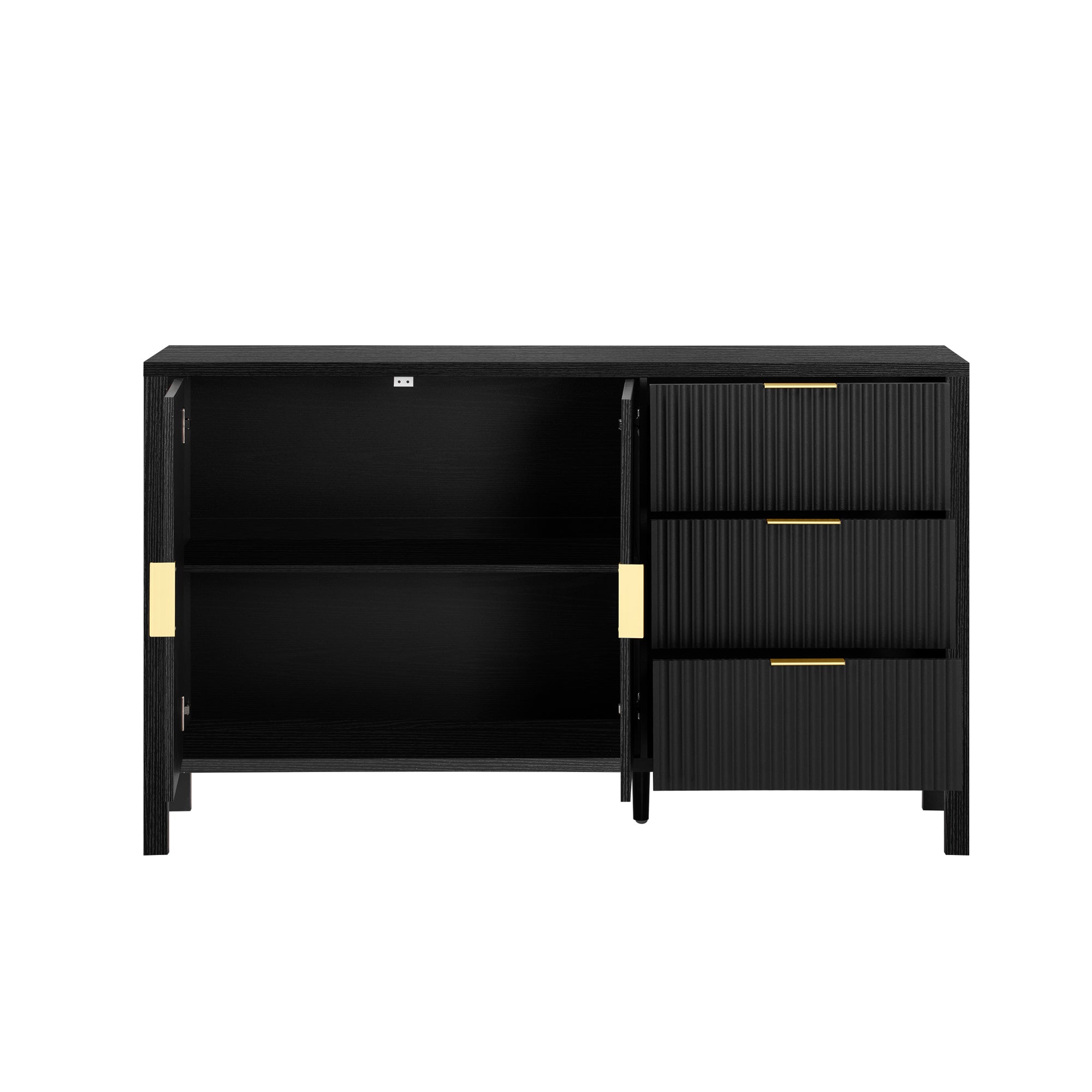 Interior view of modern sideboard with open cabinet and drawers, revealing adjustable shelves and ample storage space.