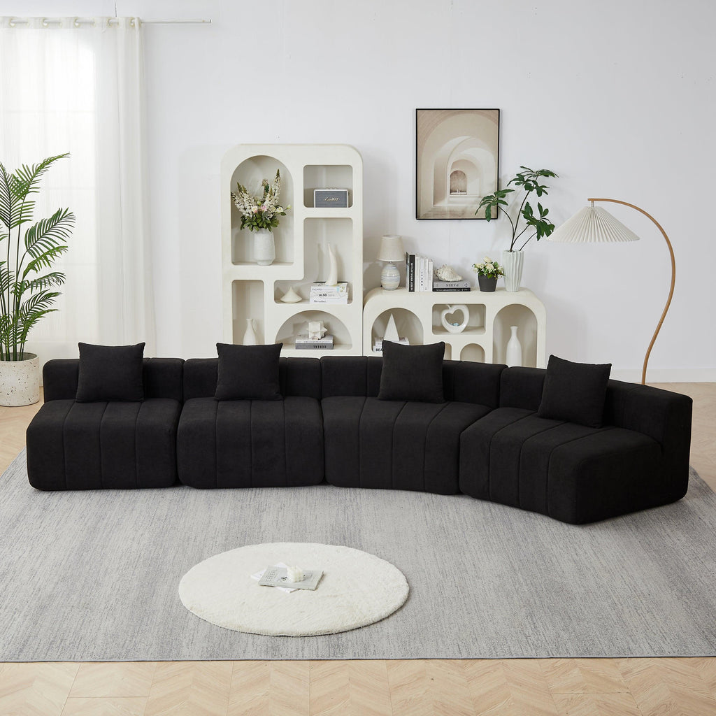 Chenille Curved Sectional Sofa with 4 Pillows.
