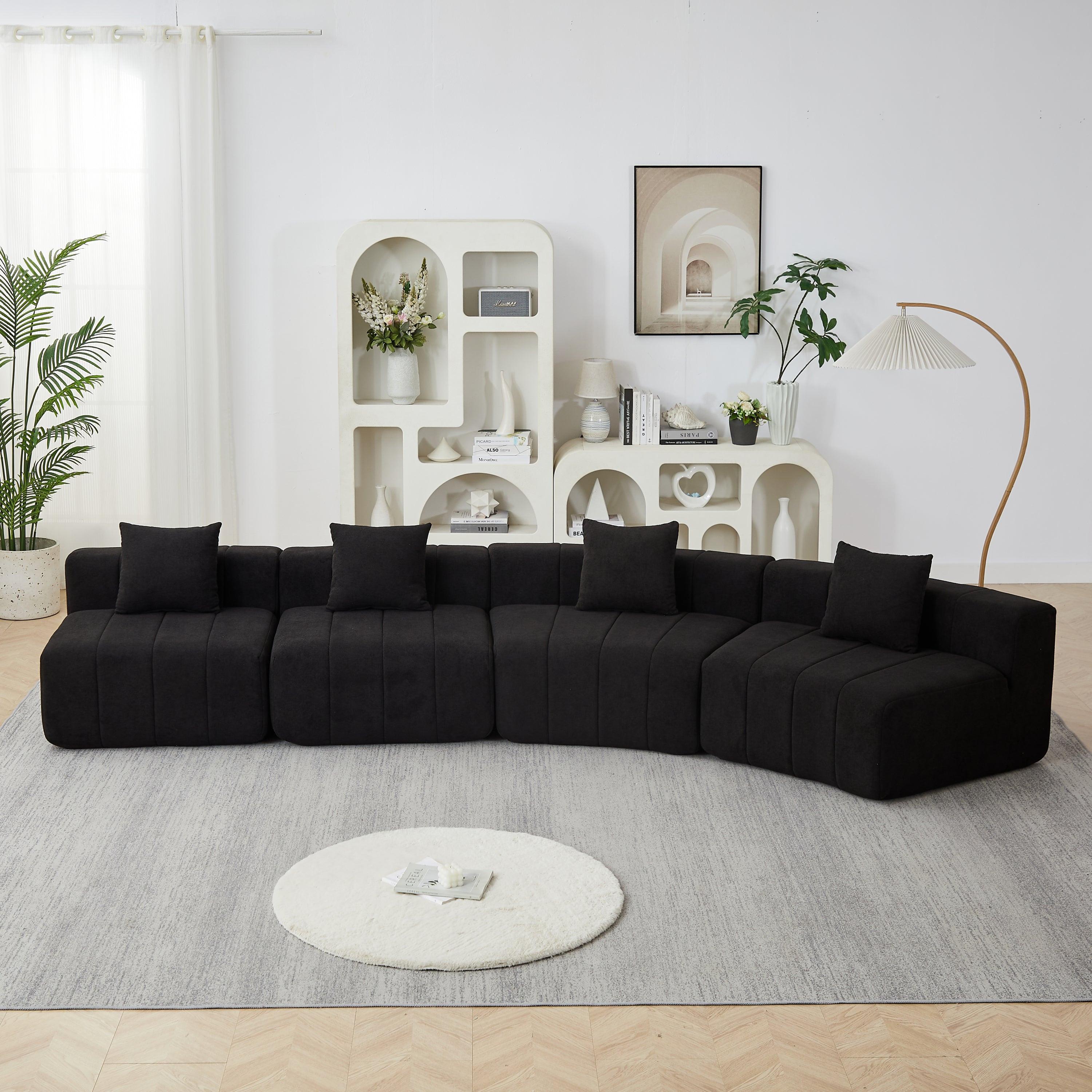 Chenille Curved Sectional Sofa with 4 Pillows.