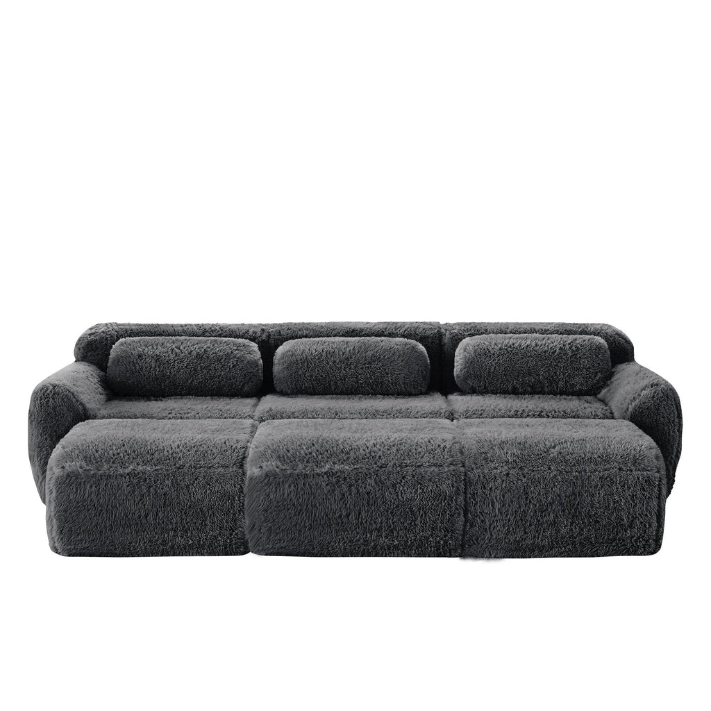 Modular 3-Seater Plush Sofa with Movable Ottoman - Dark Grey.