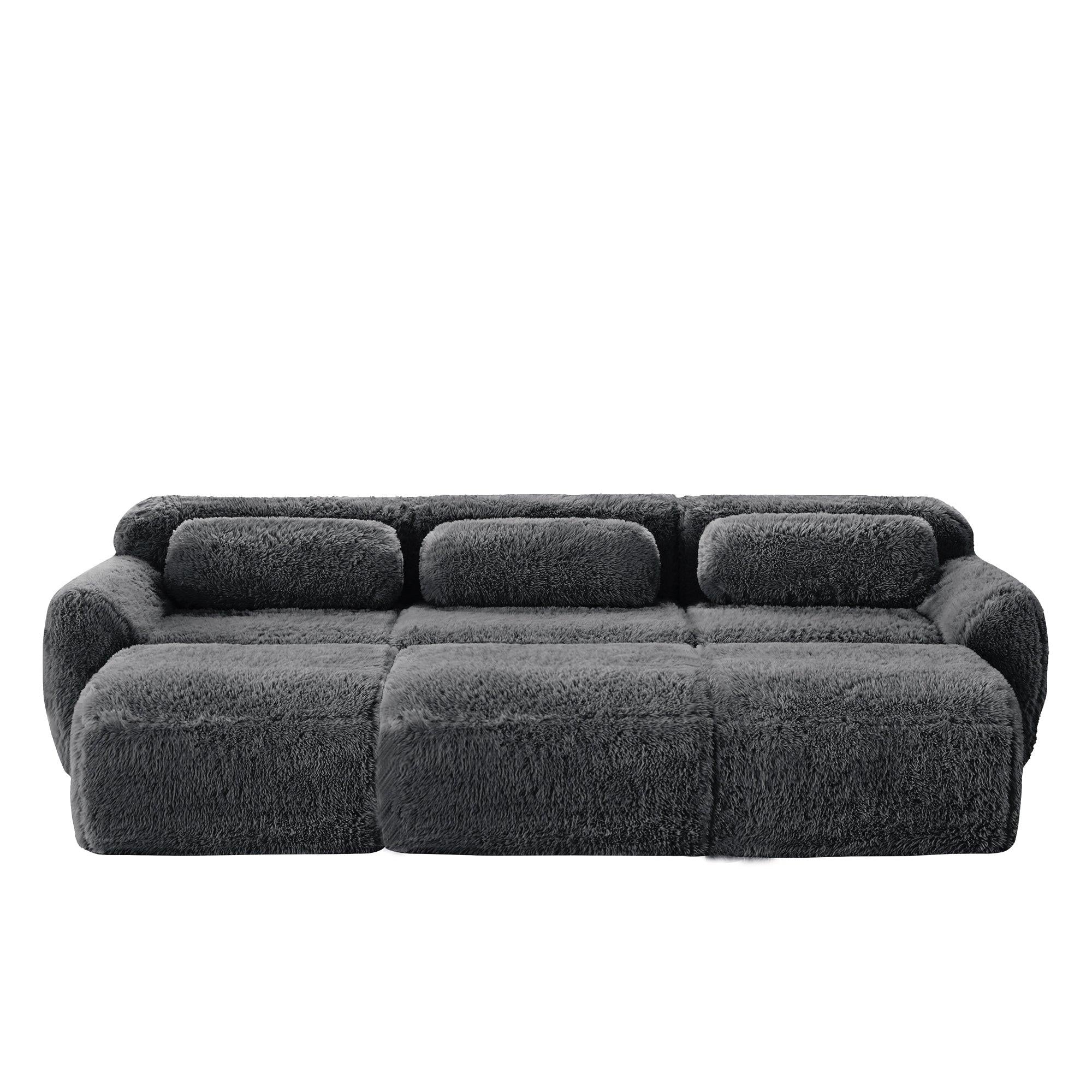 Modular 3-Seater Plush Sofa with Movable Ottoman - Dark Grey.