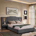 Upholstered queen bed frame with vertical velvet headboard, built-in reading lights, and floating nightstands in modern bedroom.