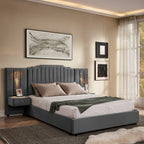 Upholstered queen bed frame with vertical velvet headboard, built-in reading lights, and floating nightstands in modern bedroom.