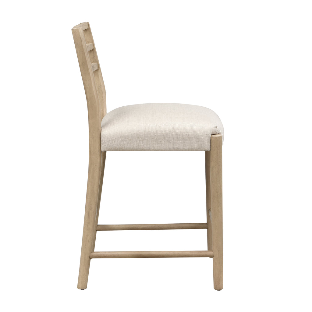 Side profile of ladder back counter stool showing plush seat cushion and angled backrest. Crafted for ergonomic support and style.