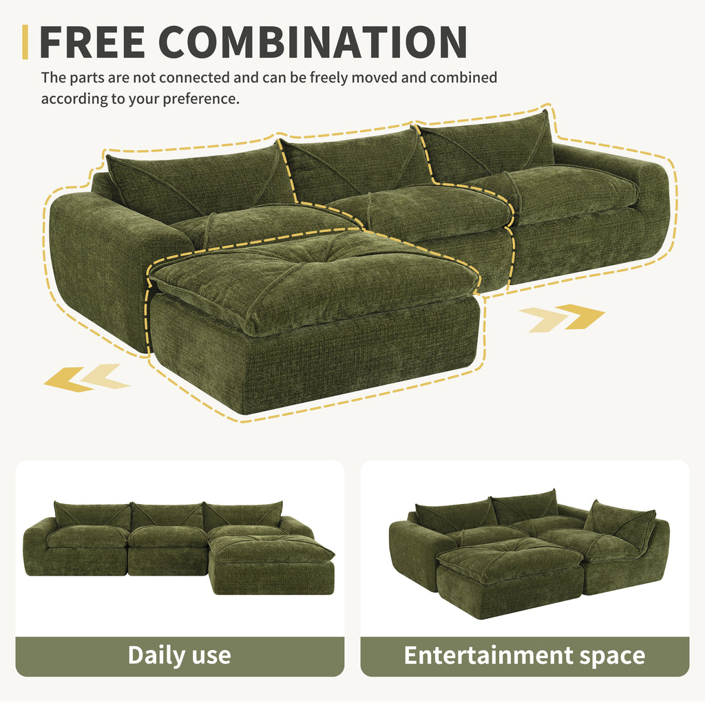 Modular layout options for 116'' compressed sofa with high density foam, showing daily use and entertainment space configurations.