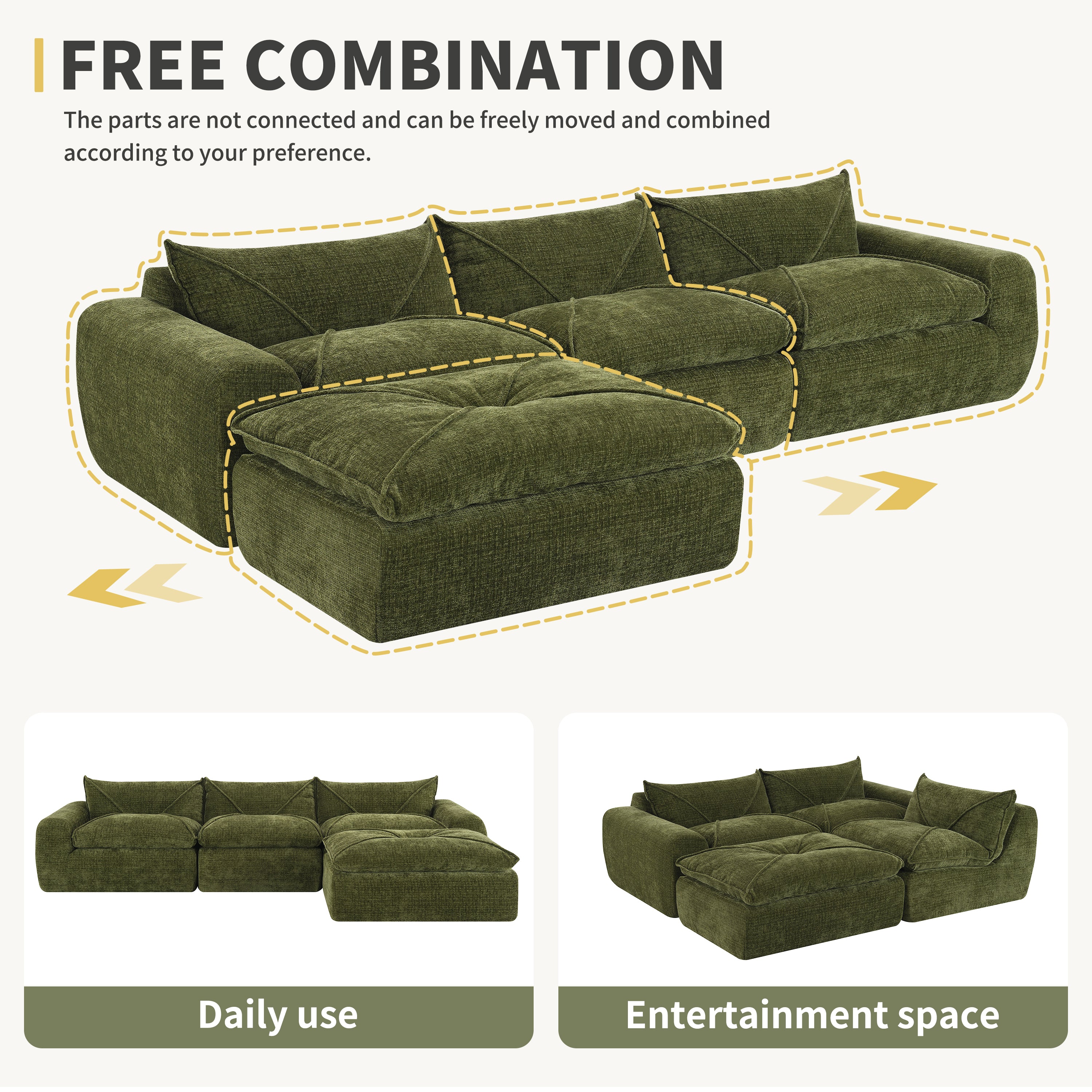 Modular layout options for 116'' compressed sofa with high density foam, showing daily use and entertainment space configurations.