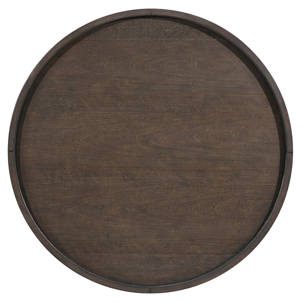 Dark Brown Cocktail Table with Gold Tip Legs.
