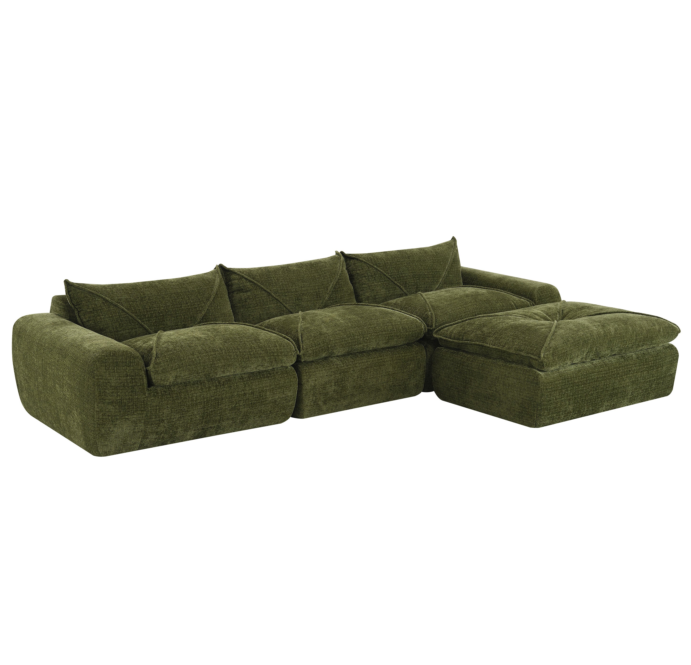 Angled view of 116'' compressed sofa with high density foam and green chenille fabric, showing plush cushions and modular design.