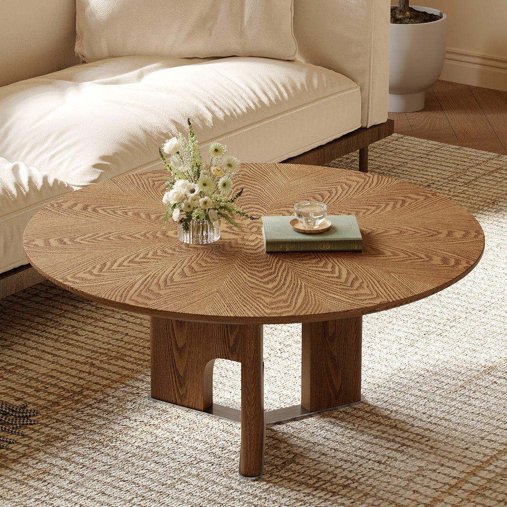 Round Rustic Ash Wood Coffee Table for Small Living Rooms.