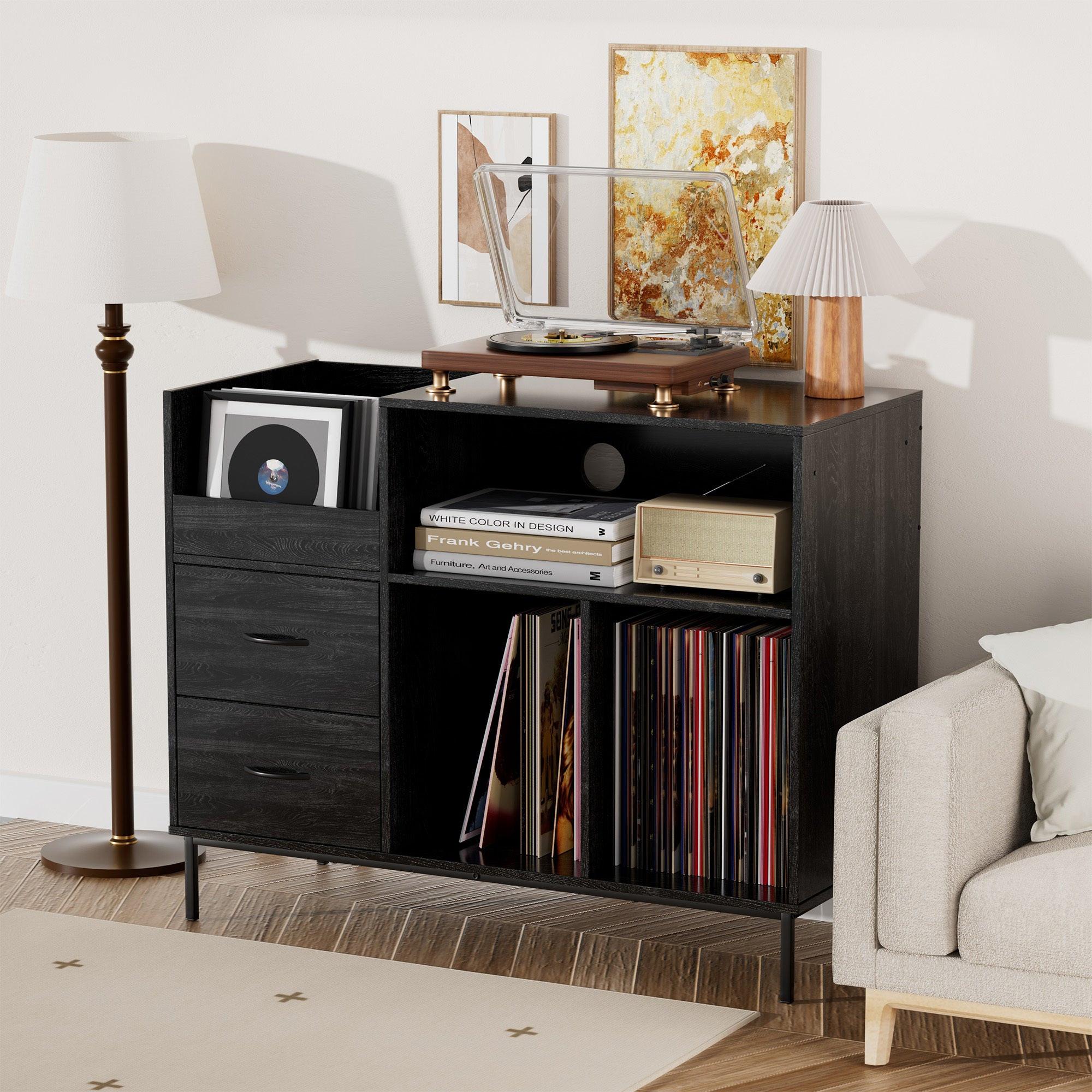 Eco-Friendly Record Player Stand - Black Vinyl Storage Cabinet.