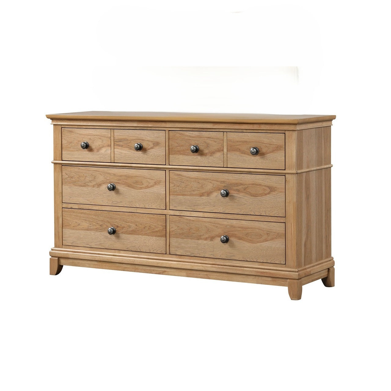 Natural Oak Storage Dresser with 8 drawers, crafted from rubberwood and pecan veneer, perfect for bedroom organization.