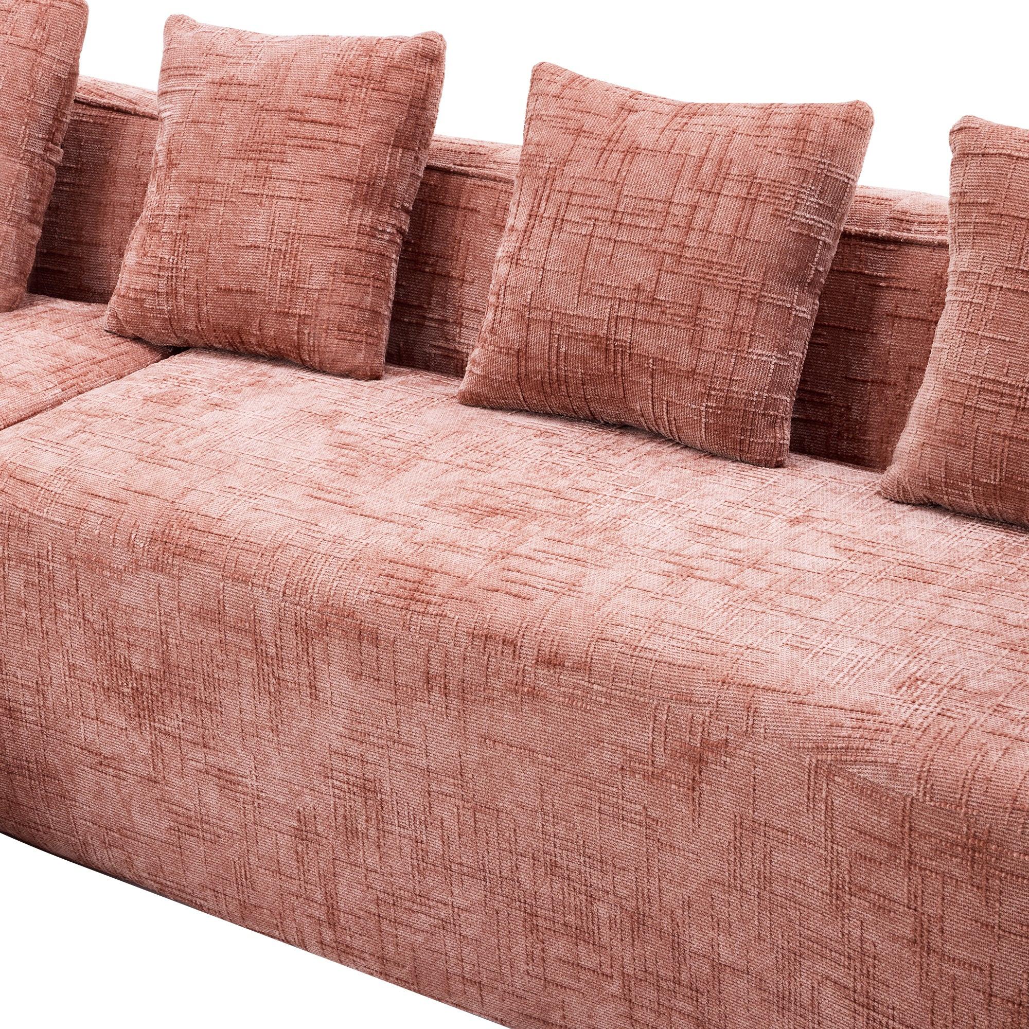 Side view of Pink Chenille L-Shaped Sofa featuring soft fabric texture and three backrest cushions for added support.