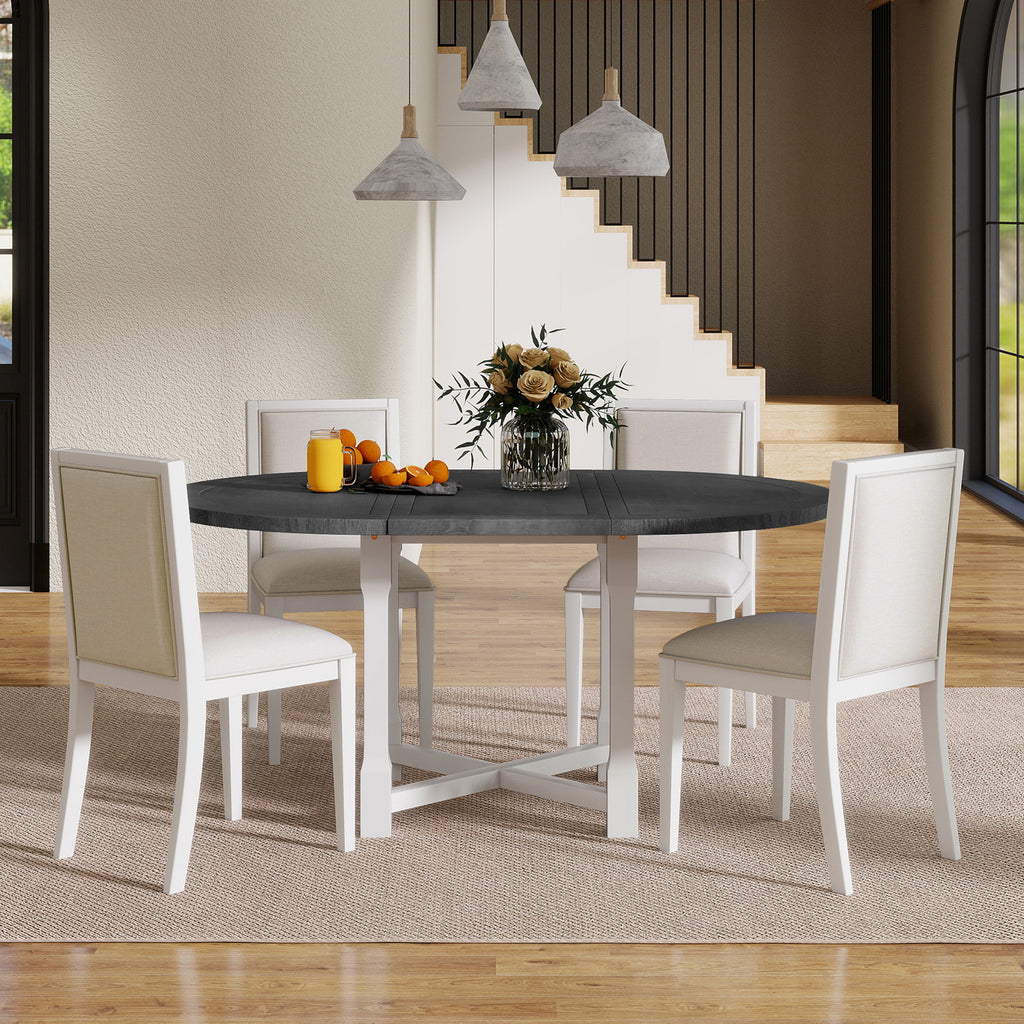TREXM 5-Piece Extendable Dining Table Set for 4, Round Dining Table for 4 with Upholstered Chairs, Farmhouse Kitchen Table Set with Removable Leaf for Dining Room and Kitchen (Grey+White) - Groovy Boardz