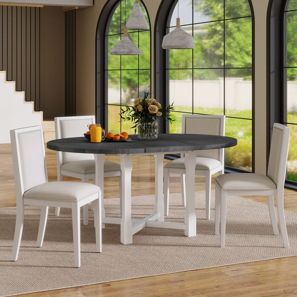 TREXM 5-Piece Extendable Dining Table Set for 4, Round Dining Table for 4 with Upholstered Chairs, Farmhouse Kitchen Table Set with Removable Leaf for Dining Room and Kitchen (Grey+White) - Groovy Boardz