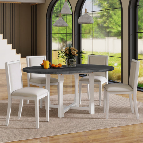 TREXM 5-Piece Extendable Dining Table Set for 4, Round Dining Table for 4 with Upholstered Chairs, Farmhouse Kitchen Table Set with Removable Leaf for Dining Room and Kitchen (Grey+White) - Groovy Boardz