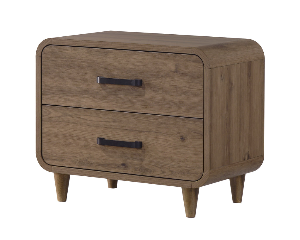Contemporary brown wooden nightstand with rounded corners, two drawers, and dark metal handles on tapered legs.