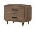 Contemporary brown wooden nightstand with rounded corners, two drawers, and dark metal handles on tapered legs.