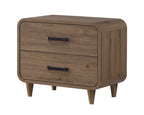 Contemporary brown wooden nightstand with rounded corners, two drawers, and dark metal handles on tapered legs.