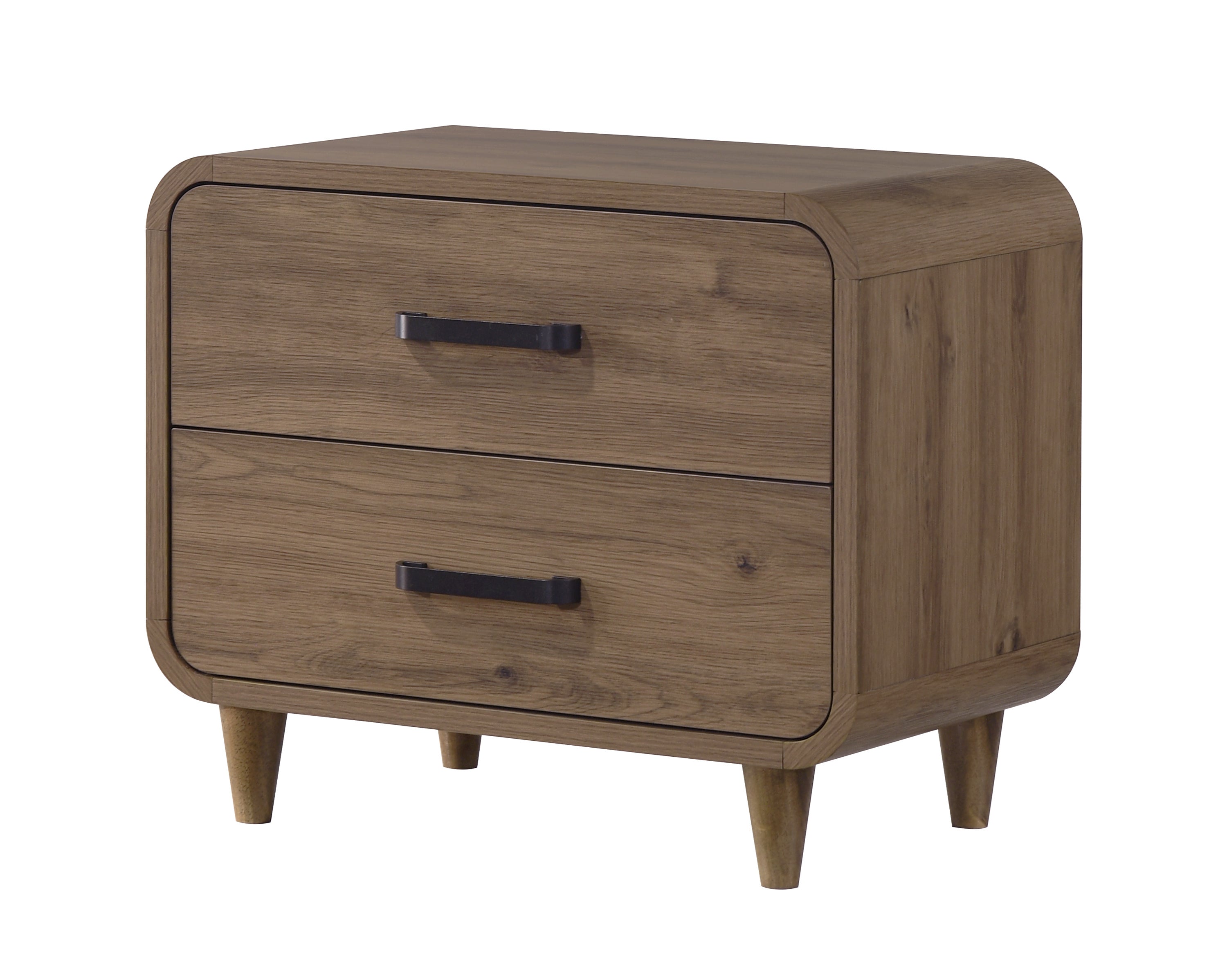 Contemporary brown wooden nightstand with rounded corners, two drawers, and dark metal handles on tapered legs.