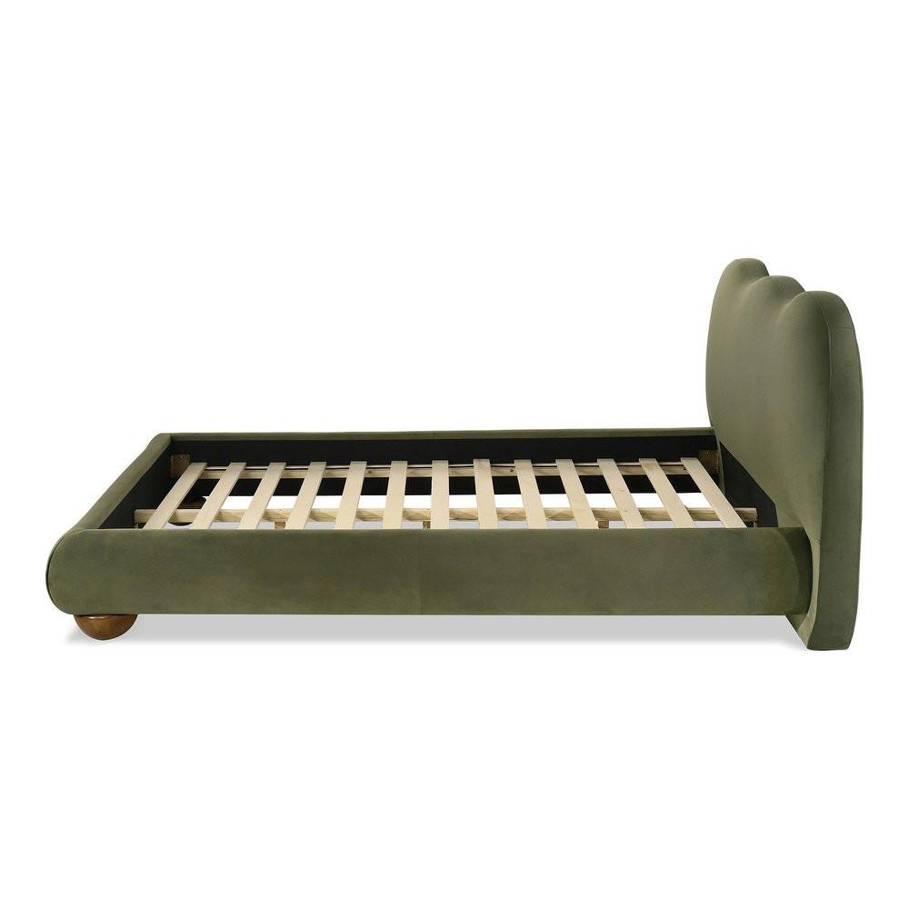 Olive Green Queen Size Bed with Boucle Upholstery.