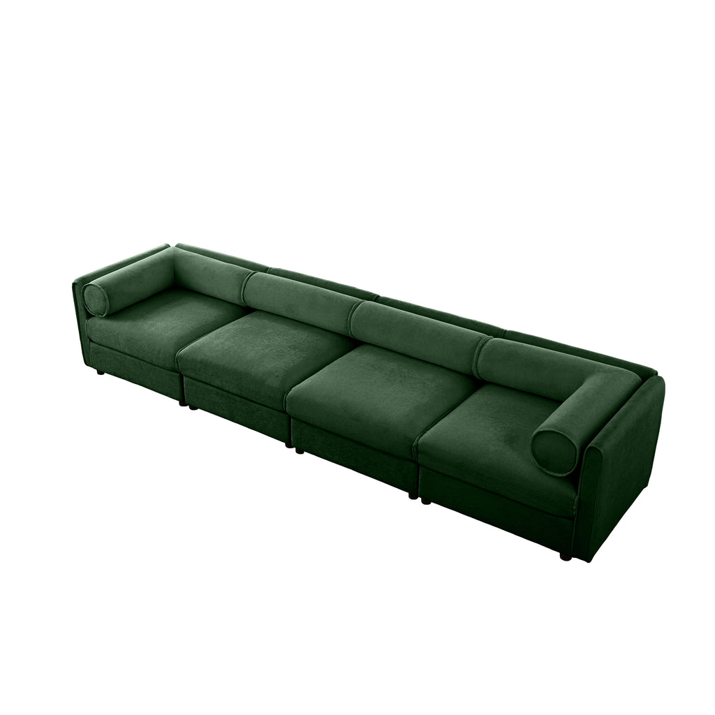 Four-seat green chenille modular sectional sofa with deep cushions and cylindrical backrests and armrests.