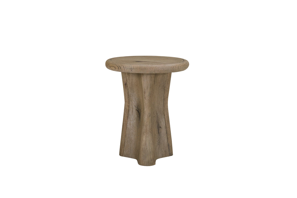 Rustic English knotty oak accent table featuring a round top and a sculptural, flared pedestal base.