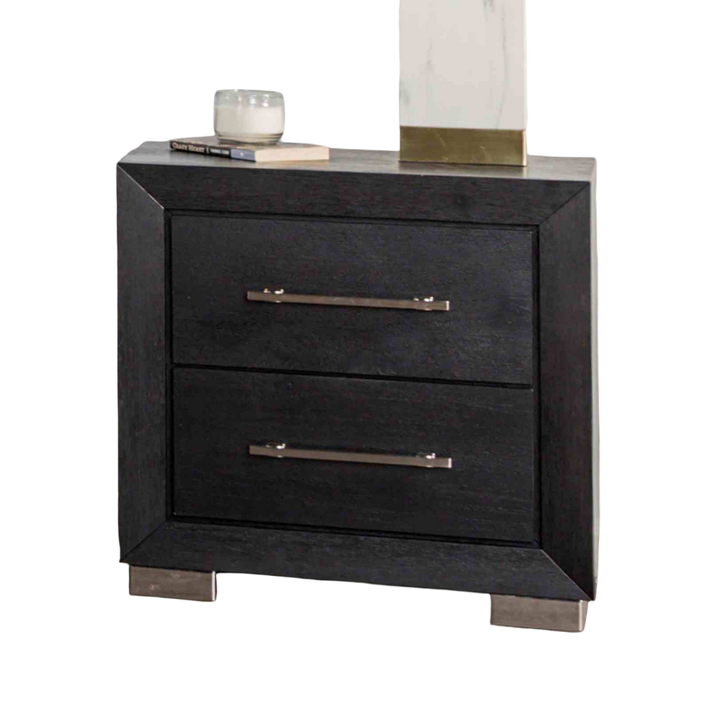 Black Contemporary Nightstand with Chrome Legs and USB Ports.