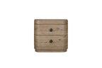 2-Drawer Oak Nightstand with USB in English Knotty Oak finish, featuring round black knobs and a smooth, curved solid wood frame.