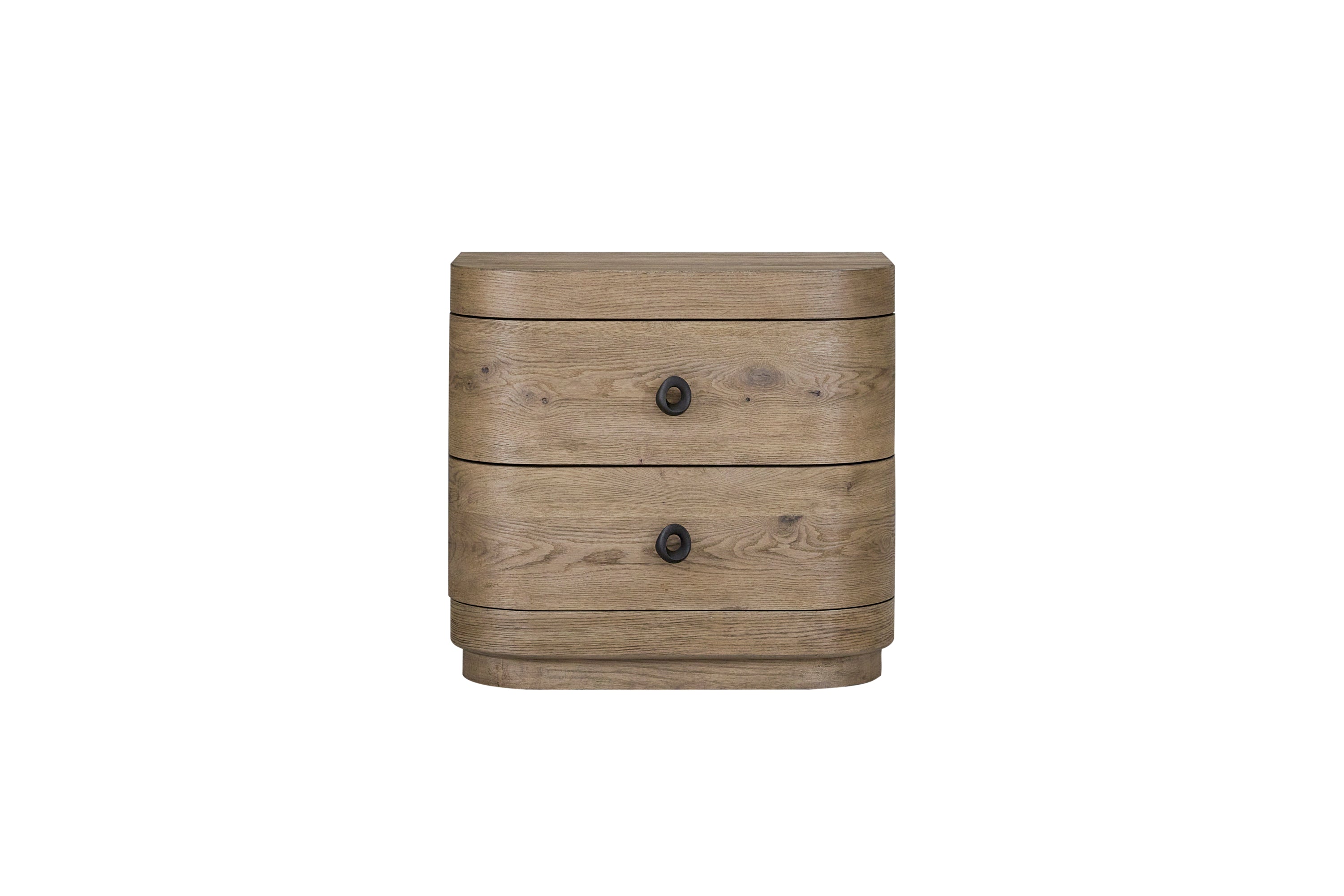 2-Drawer Oak Nightstand with USB in English Knotty Oak finish, featuring round black knobs and a smooth, curved solid wood frame.