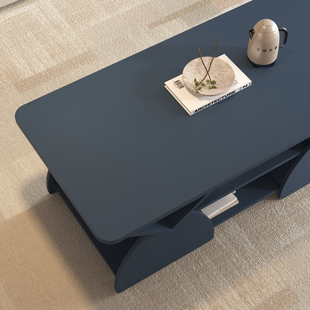 Top corner view of Blue Geometric Coffee Table, showcasing its smooth blue finish and open shelf design for modern interiors.