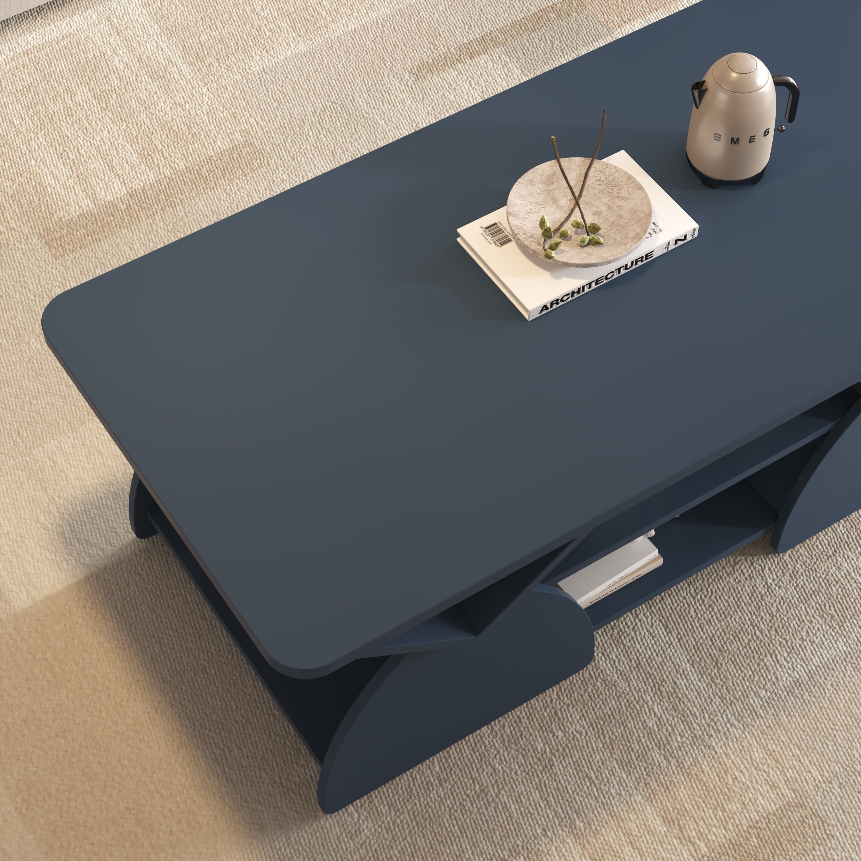Top corner view of Blue Geometric Coffee Table, showcasing its smooth blue finish and open shelf design for modern interiors.